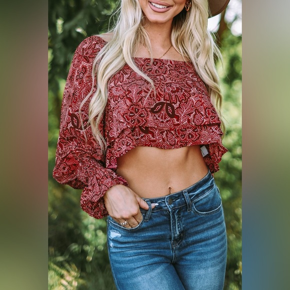 Tops - Square Neck Floral Bandana Crop Blouse Bohemian Top